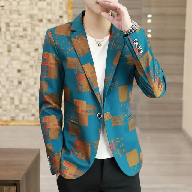 Aidase Brand clothing Men Fashion Suit Party Coat Casual Slim Fit Jackets Buttons Suit letter Floral Print Painting Blazers Male