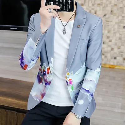 Aidase Brand clothing Men Fashion Suit Party Coat Casual Slim Fit Jackets Buttons Suit letter Floral Print Painting Blazers Male