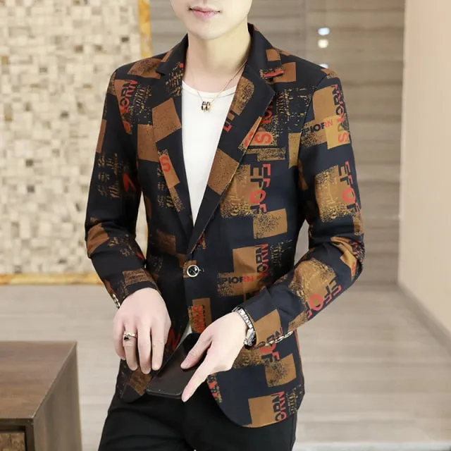 Aidase Brand clothing Men Fashion Suit Party Coat Casual Slim Fit Jackets Buttons Suit letter Floral Print Painting Blazers Male