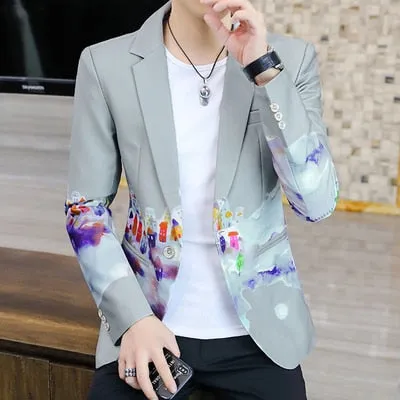 Aidase Brand clothing Men Fashion Suit Party Coat Casual Slim Fit Jackets Buttons Suit letter Floral Print Painting Blazers Male