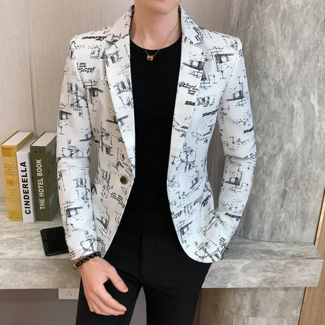 Aidase Brand clothing Men Fashion Suit Party Coat Casual Slim Fit Jackets Buttons Suit letter Floral Print Painting Blazers Male