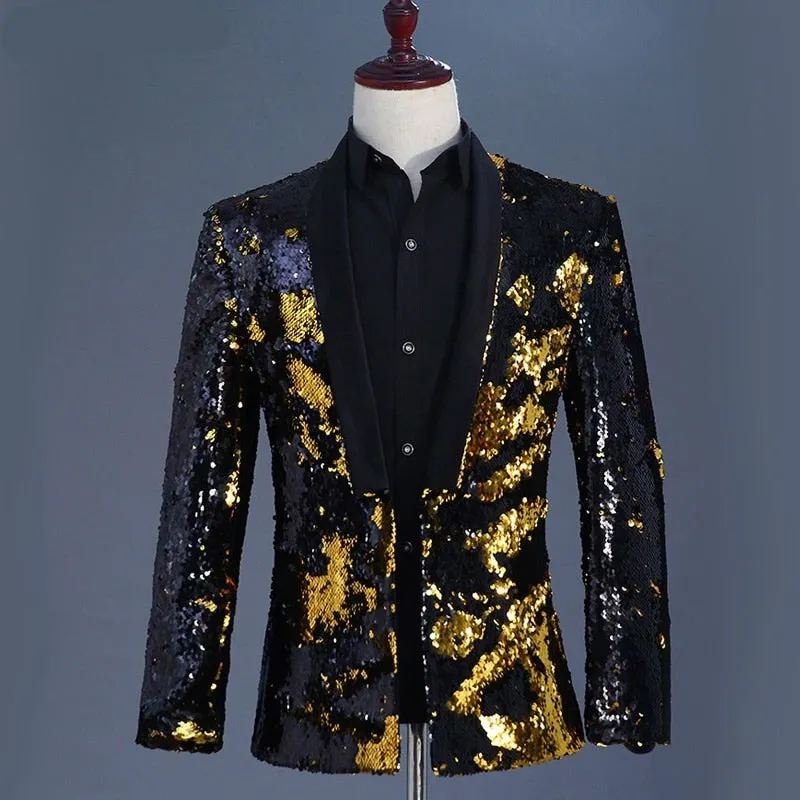 Aidase  Gold Black Sequin Glitter Blazer Jacket Men Fashion Shawl Collar Mens Flipping Blazers Stage Prom Nightclub Singer Costumes Suit