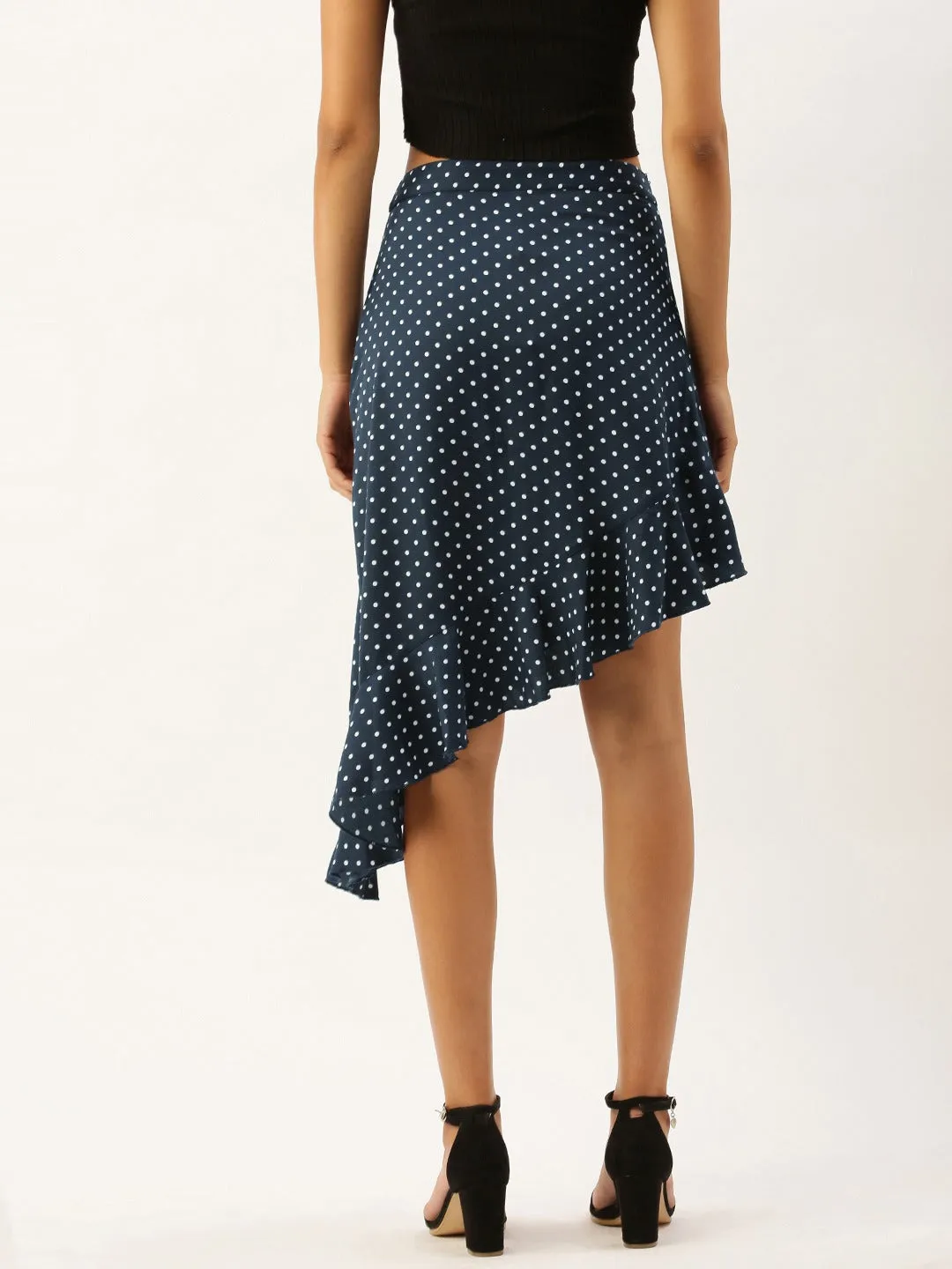 Berrylush Women Navy Blue Polka Dot Asymmetrical Hem Ruffled Skirt