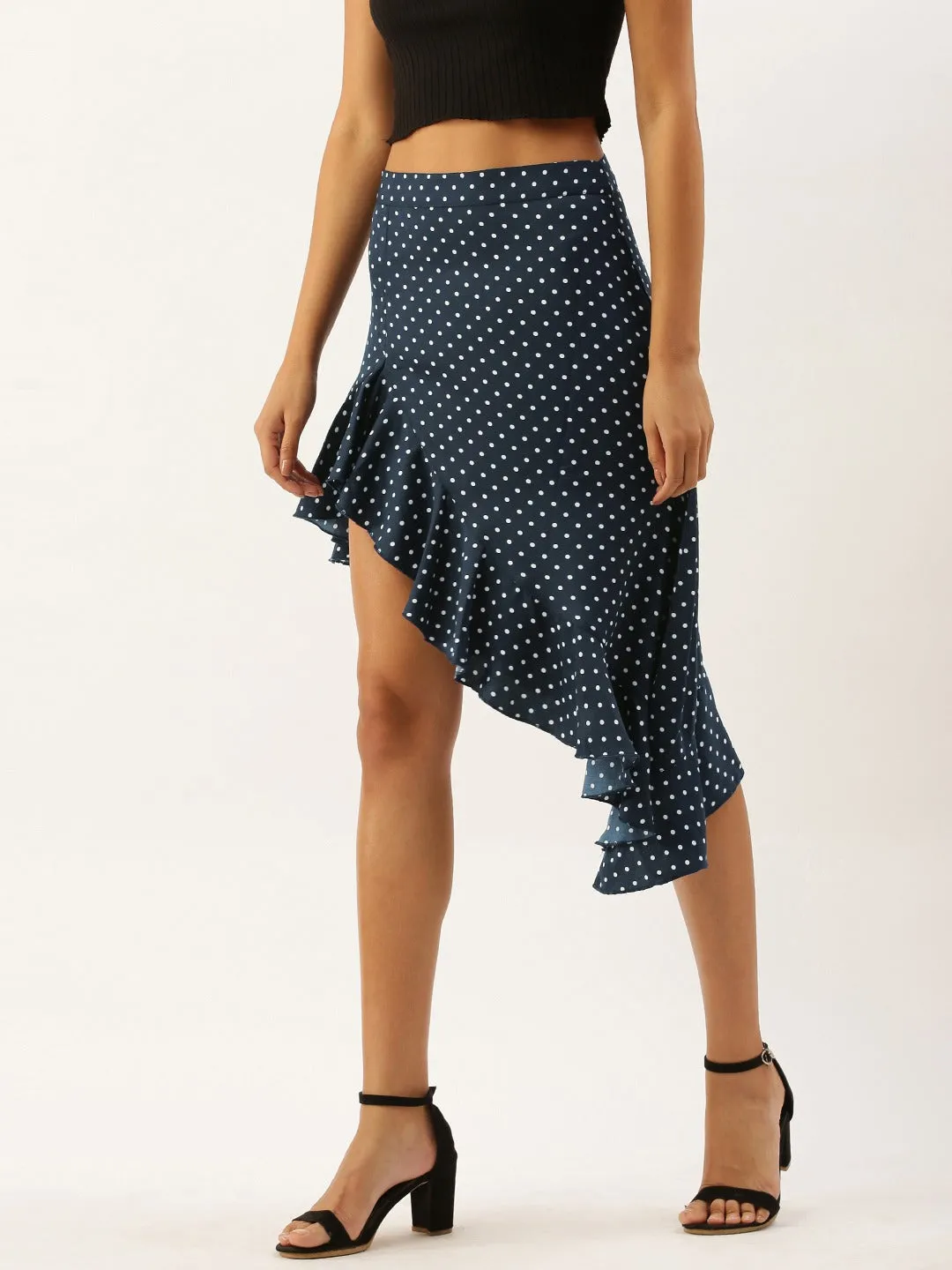 Berrylush Women Navy Blue Polka Dot Asymmetrical Hem Ruffled Skirt