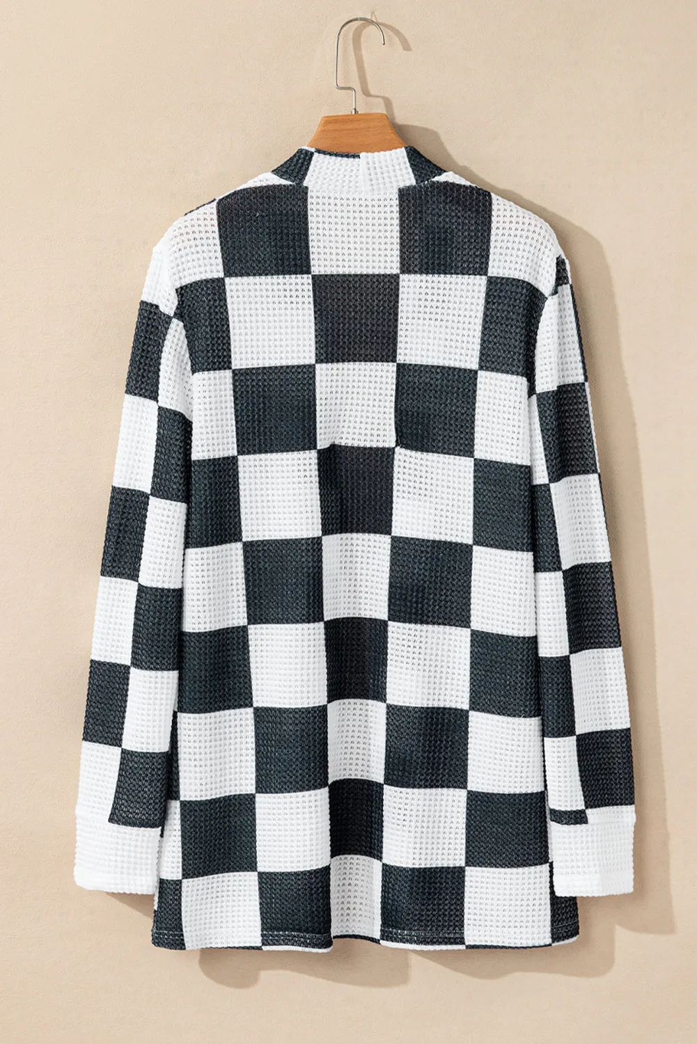 Black Checkered Waffle Knit Thumbhole Open Front Cardigan