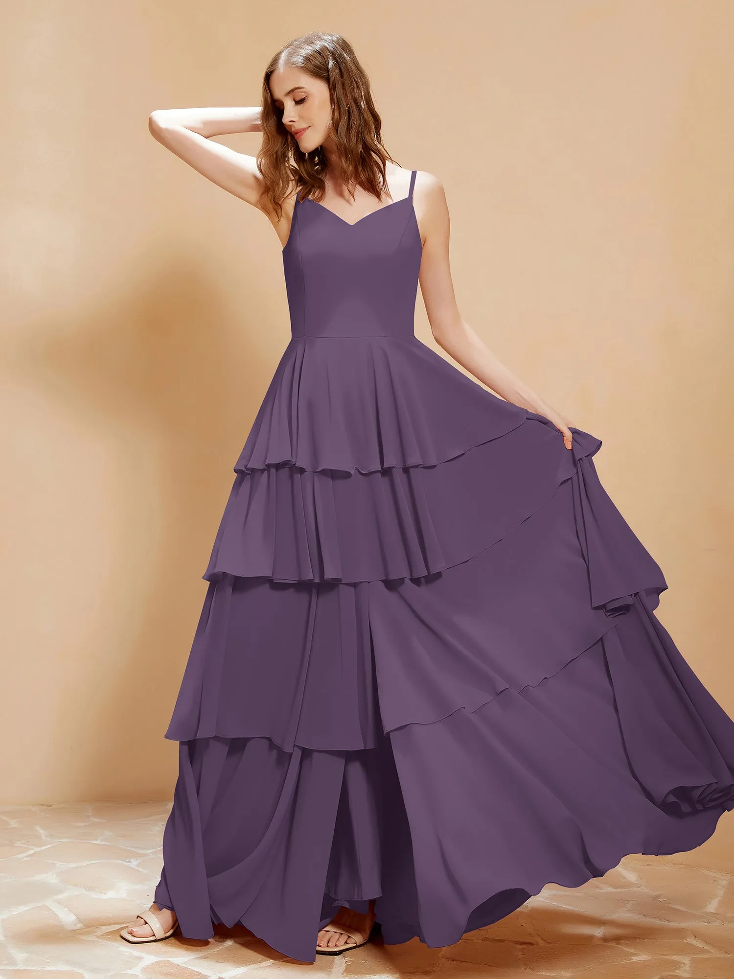 Boho V-neck Floor-length Dress Flowy Ruffles Plum