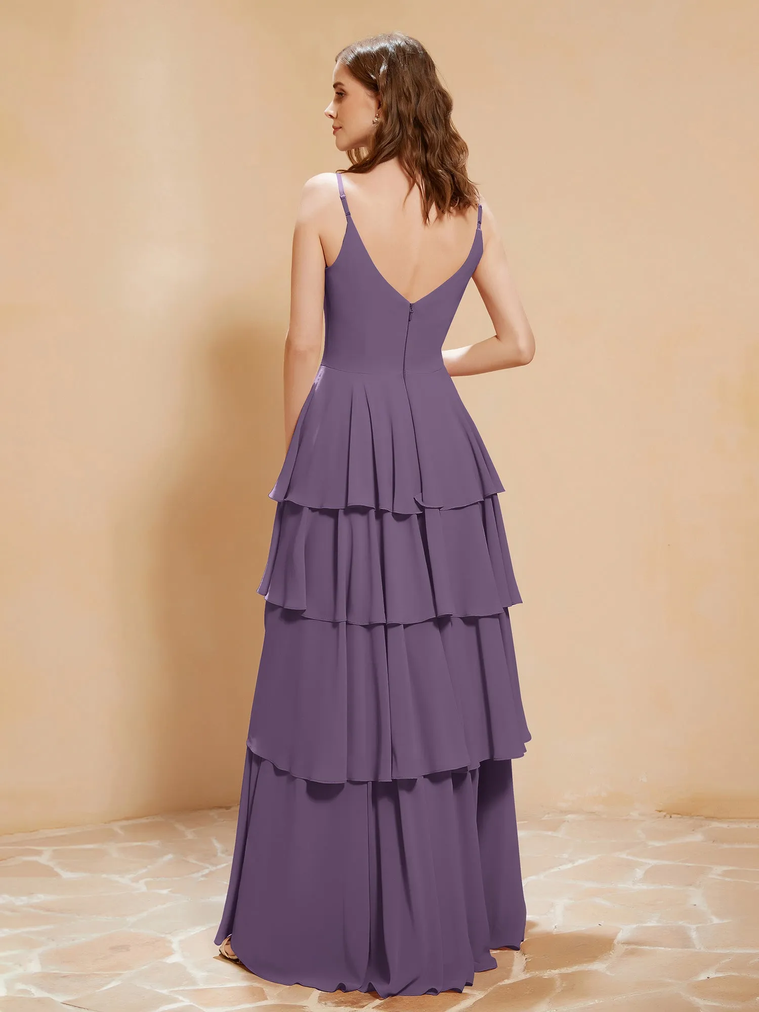 Boho V-neck Floor-length Dress Flowy Ruffles Plum