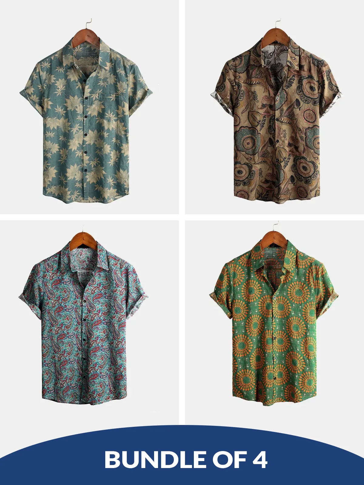 Bundle Of 4 | Men's Breathable Cotton Retro Short Sleeve Summer Shirts