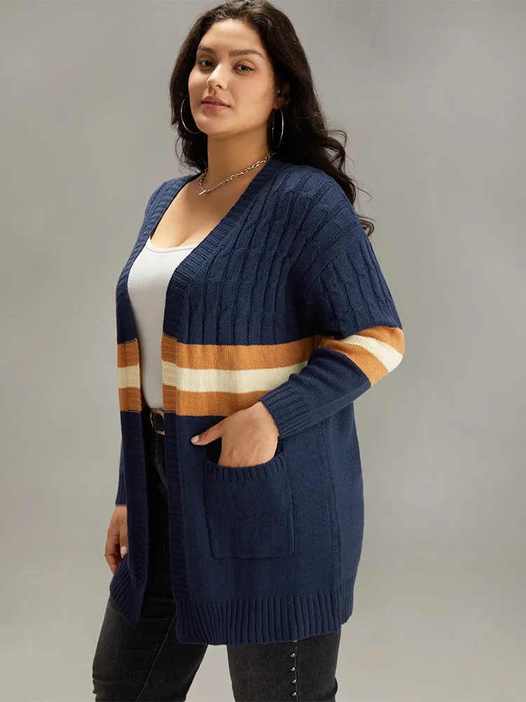 Cable Knit Colorblock Contrast Open Front Cardigan