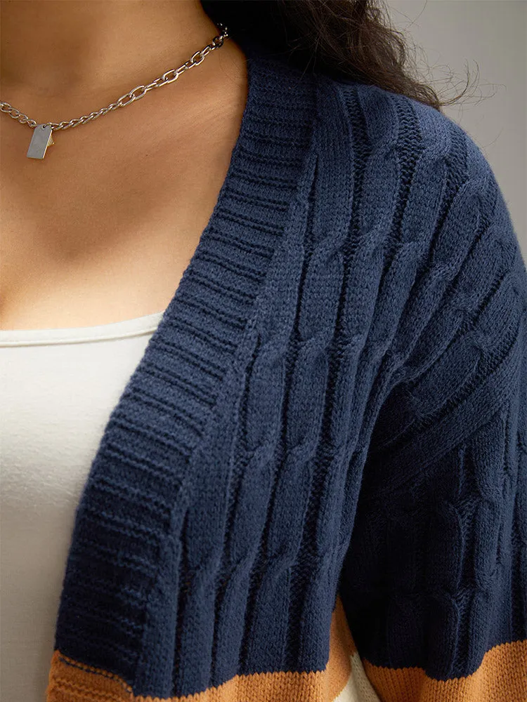 Cable Knit Colorblock Contrast Open Front Cardigan