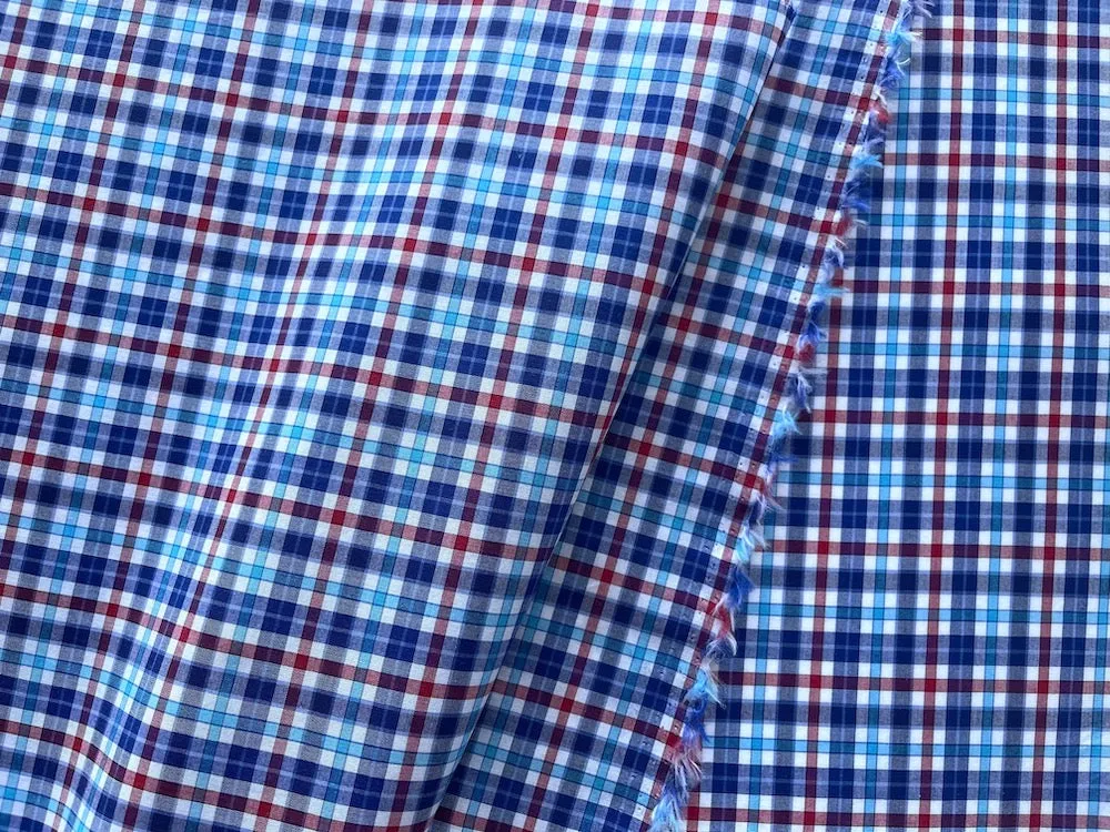 Charming Cherry, White, Cobalt & Sky Blue Plaid Cotton Shirting (Made in Italy)