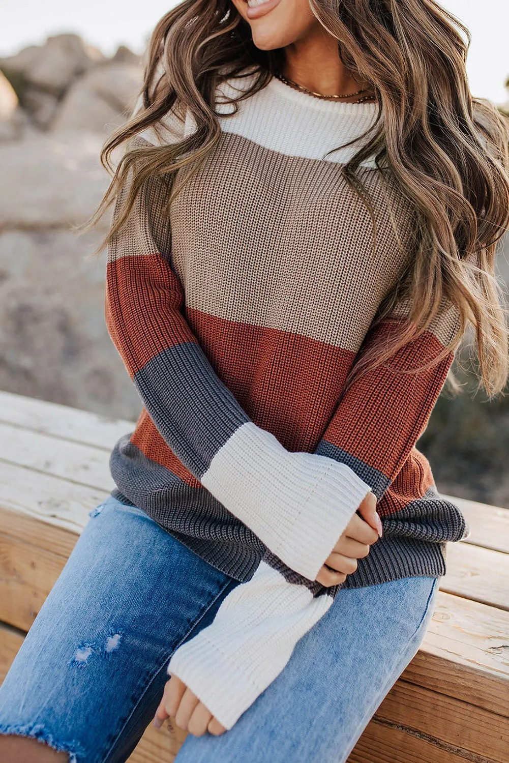 Color Block Knitted O-neck Pullover Sweater