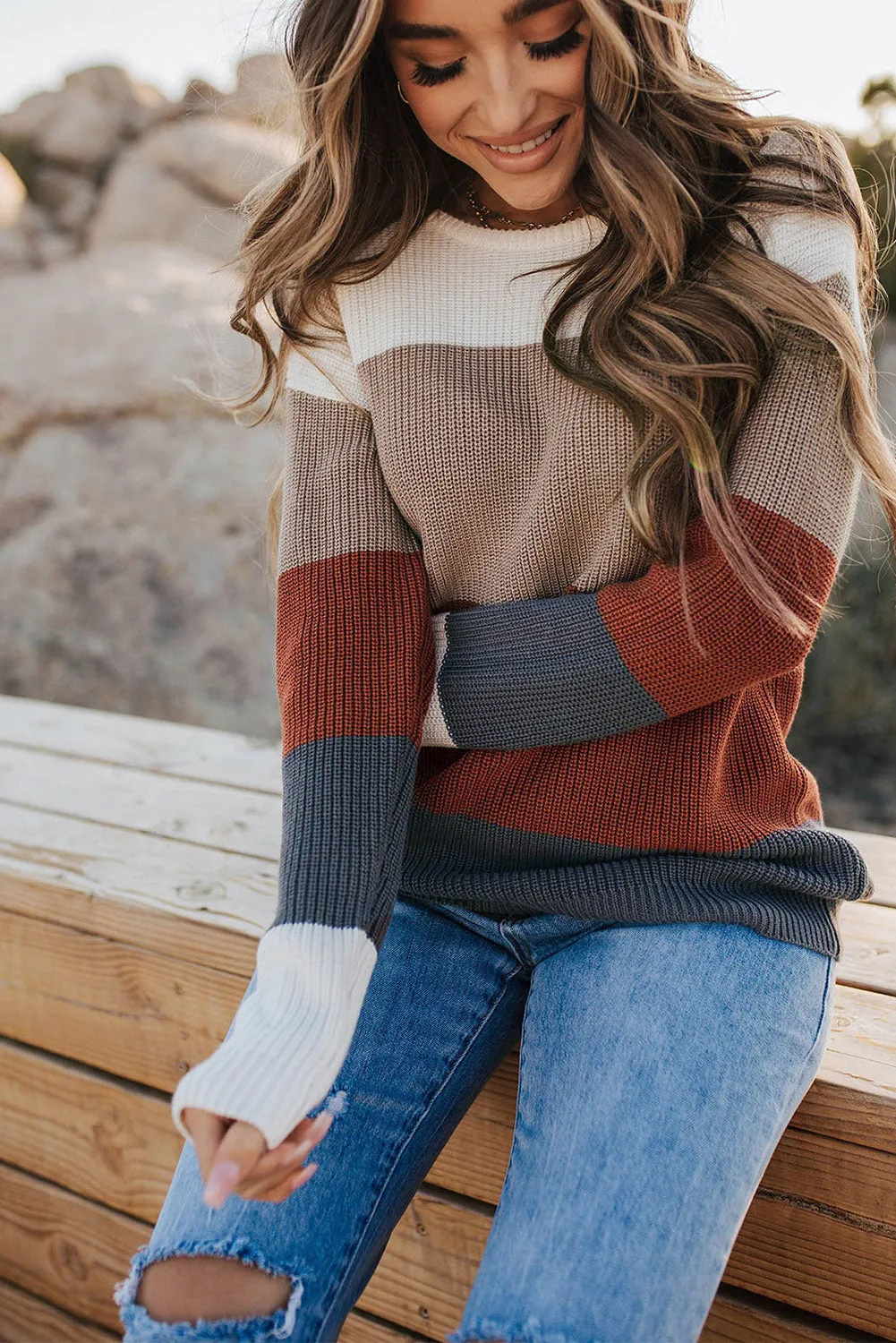 Color Block Knitted O-neck Pullover Sweater