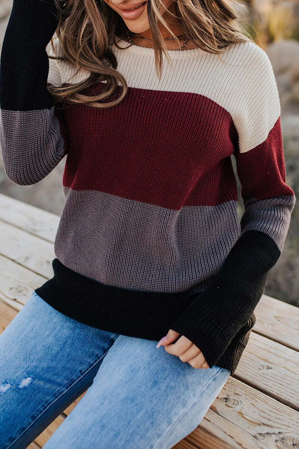 Color Block Knitted O-neck Pullover Sweater