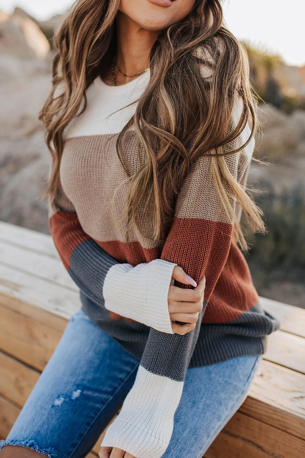 Color Block Knitted O-neck Pullover Sweater