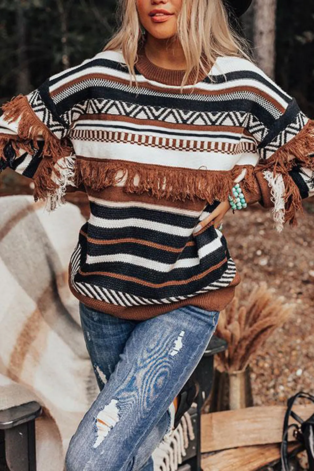 color Round Neck Striped Sweater with Fringe