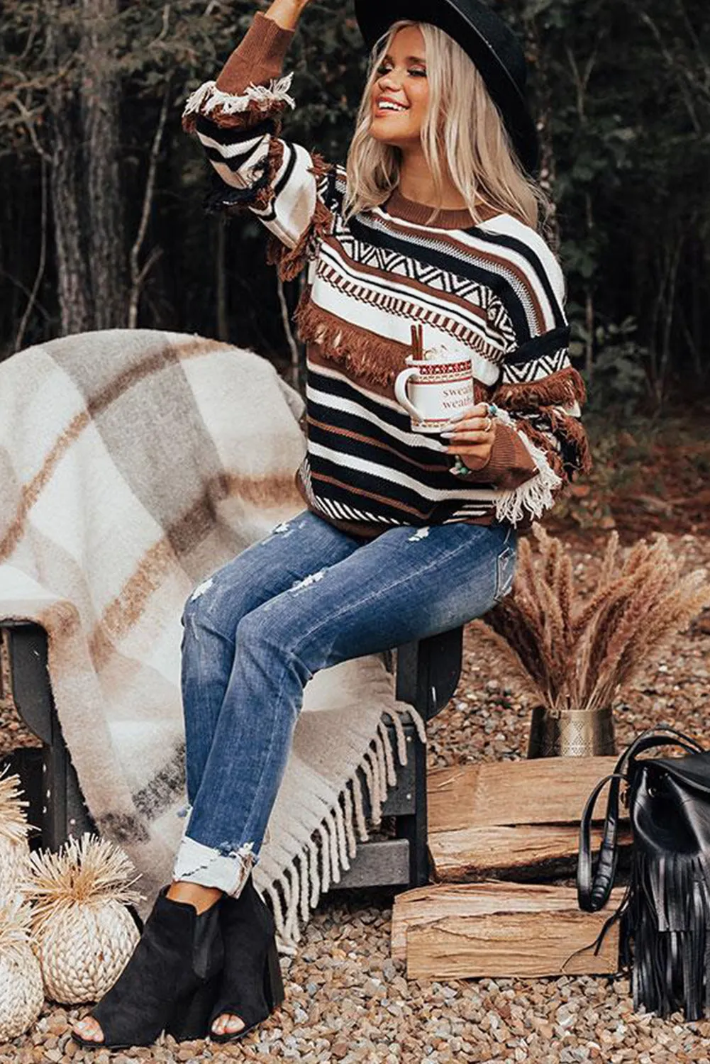 color Round Neck Striped Sweater with Fringe