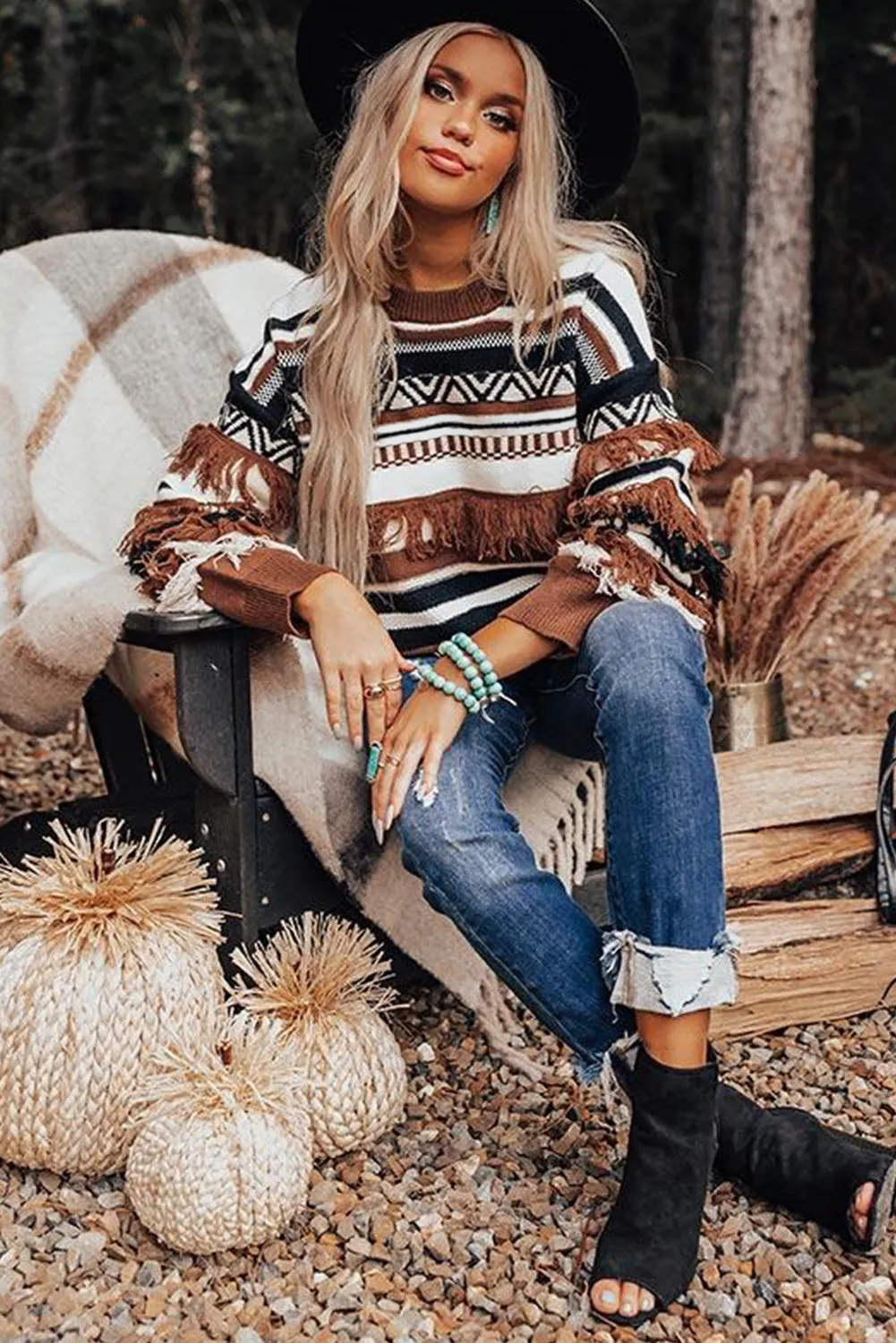 color Round Neck Striped Sweater with Fringe