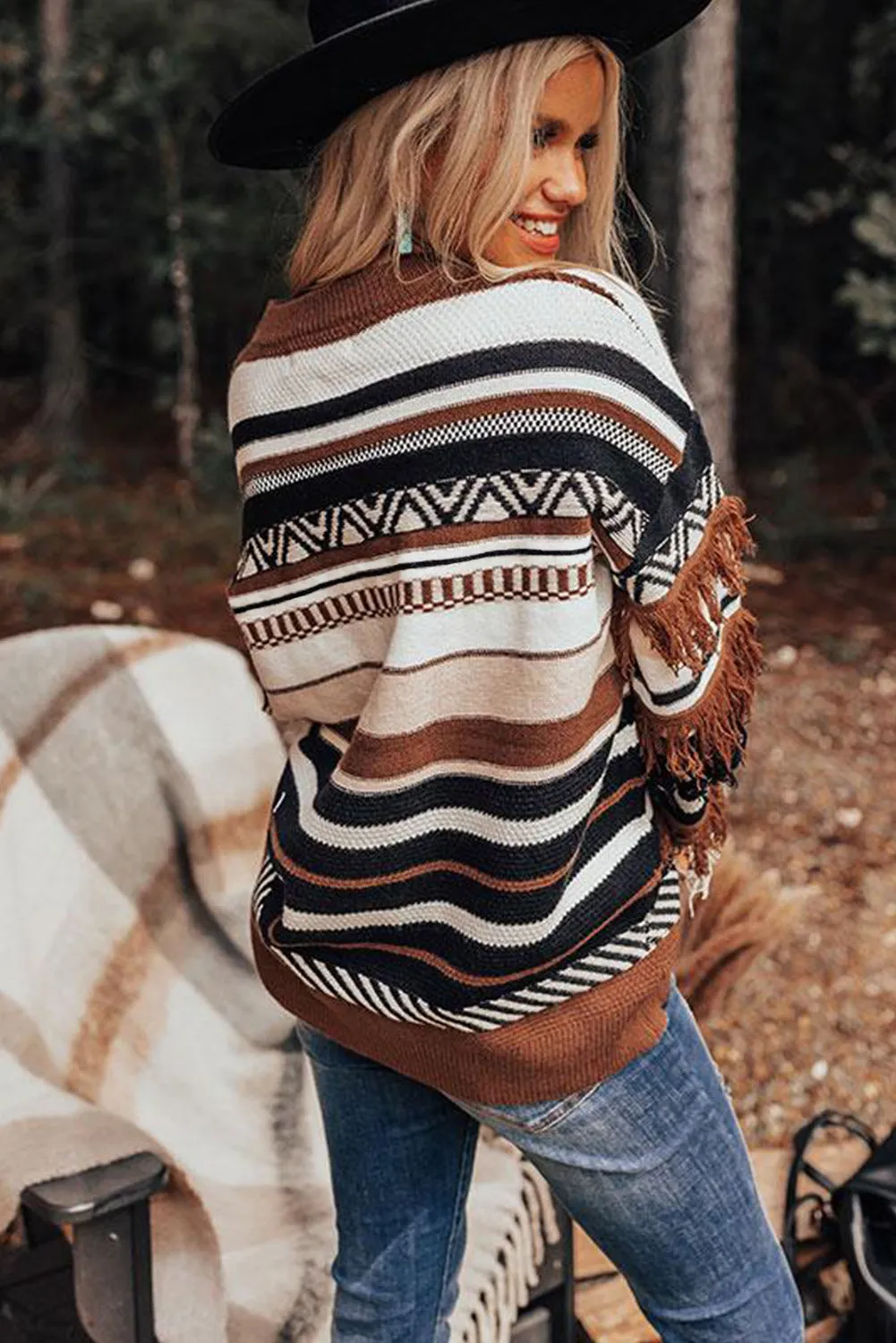 color Round Neck Striped Sweater with Fringe