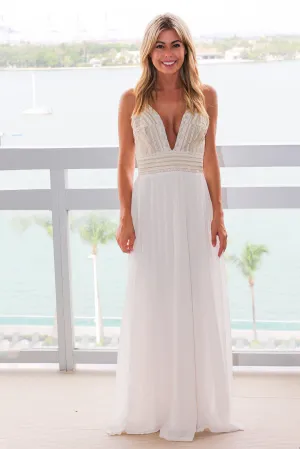 Cream Maxi Dress with Gold Embroidered Top