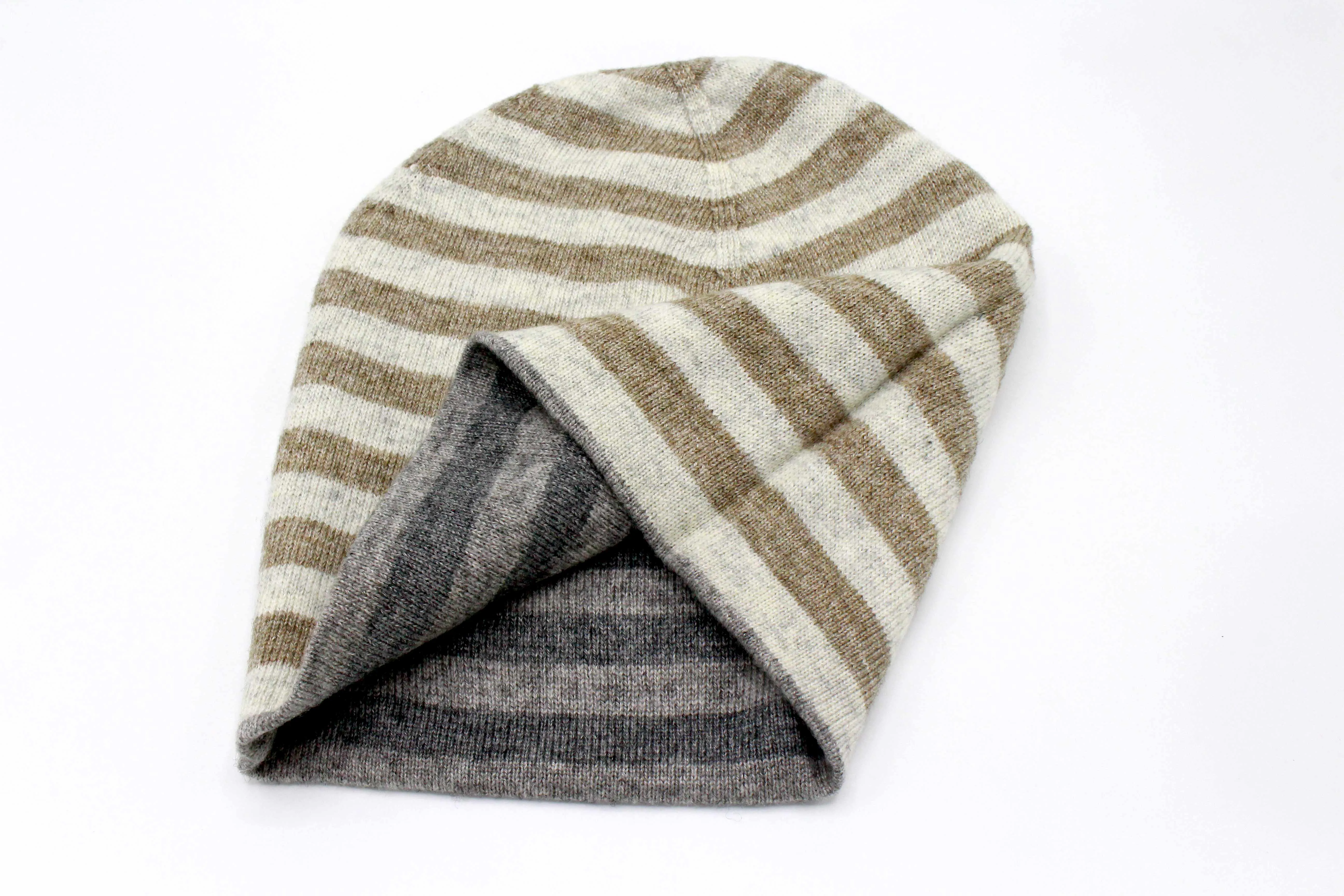 Double Sided Brown & Gray Stripe Unisex Cashmere Cap/Beanie