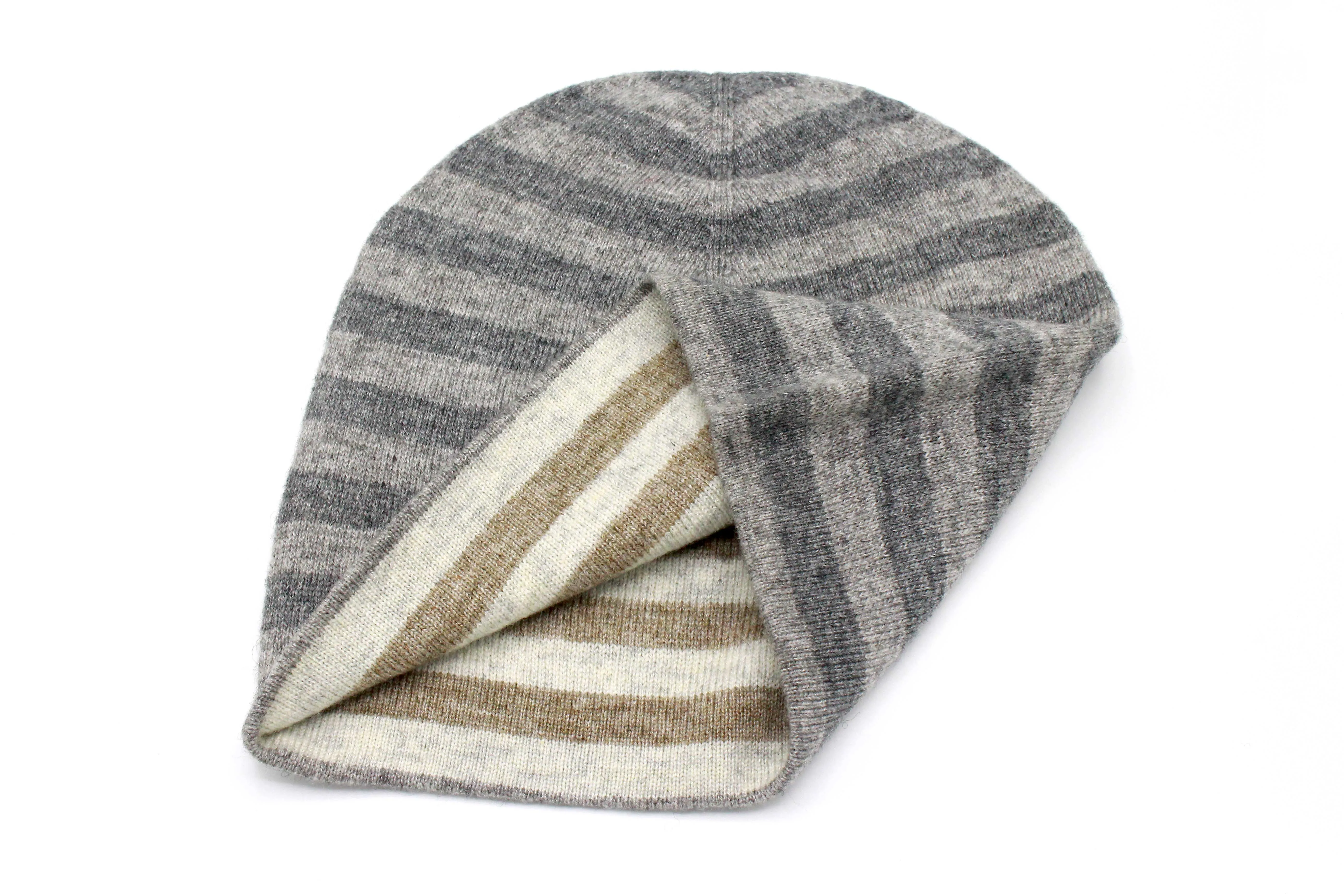 Double Sided Brown & Gray Stripe Unisex Cashmere Cap/Beanie