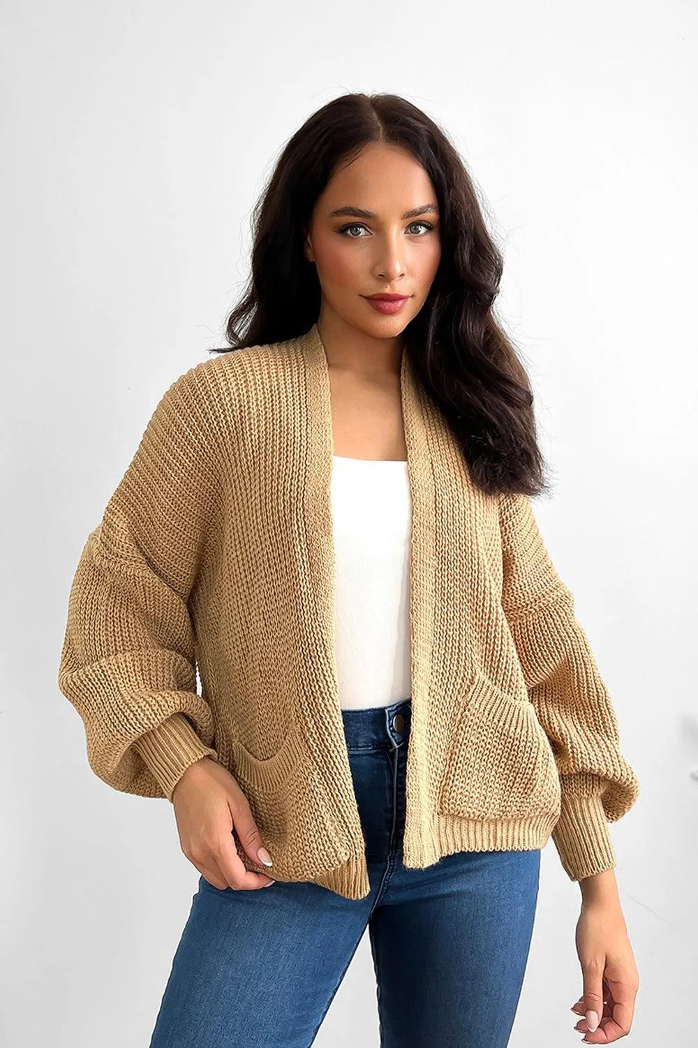 Fine Knit Side Pockets Open Front Cardigan