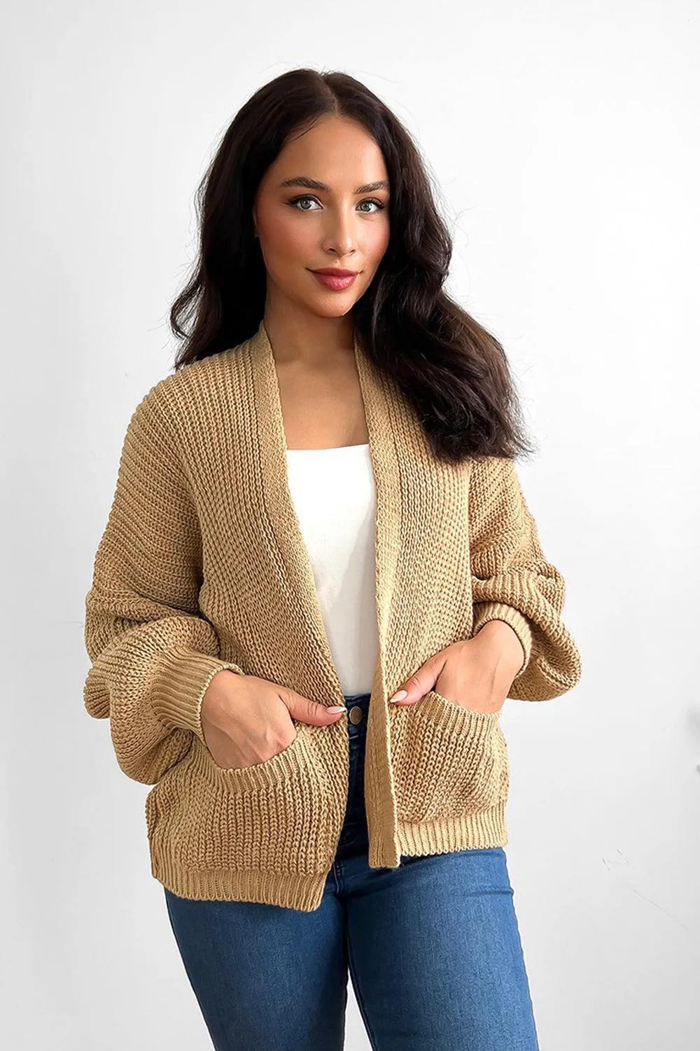 Fine Knit Side Pockets Open Front Cardigan