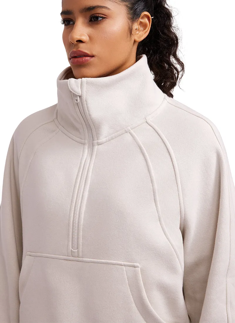 Fleece Lined Half Zip Hoodies Funnel Neck with Thumb Holes