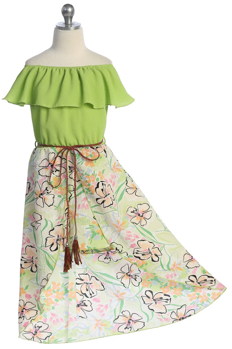 Girls Off-Shoulder Drawstring Floral Jumpsuit Dress 4-14