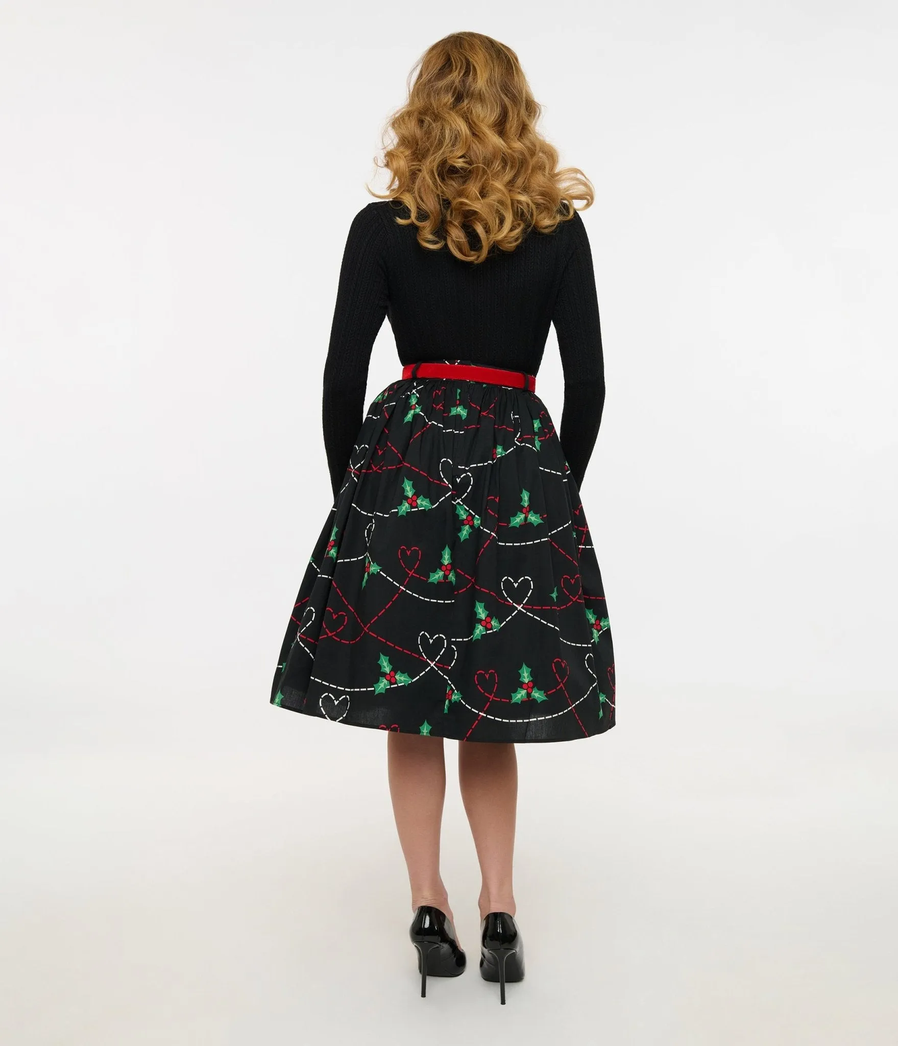 Hell Bunny 1950s Festive Hearts & Holly Print Angelica Swing Skirt