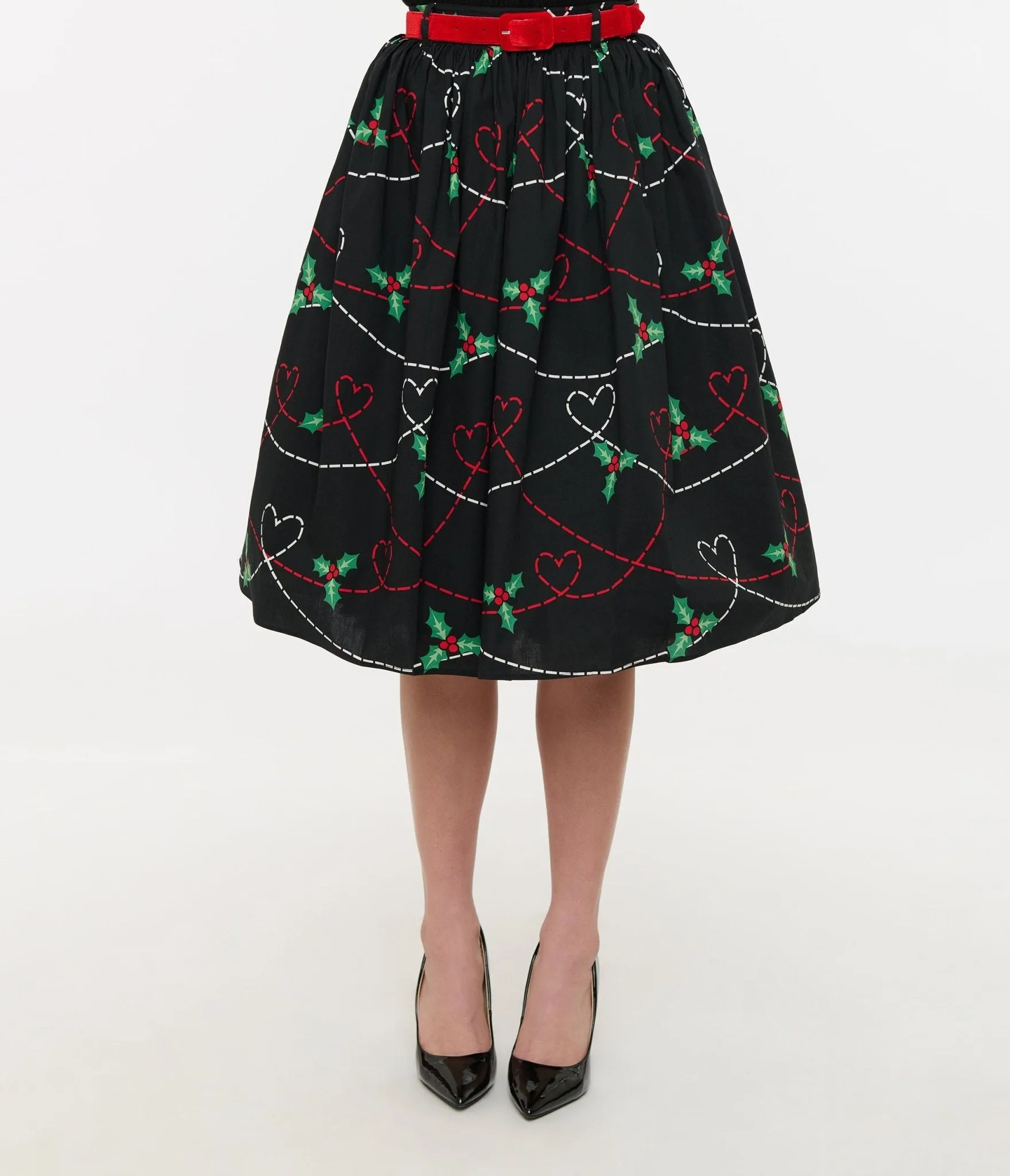 Hell Bunny 1950s Festive Hearts & Holly Print Angelica Swing Skirt