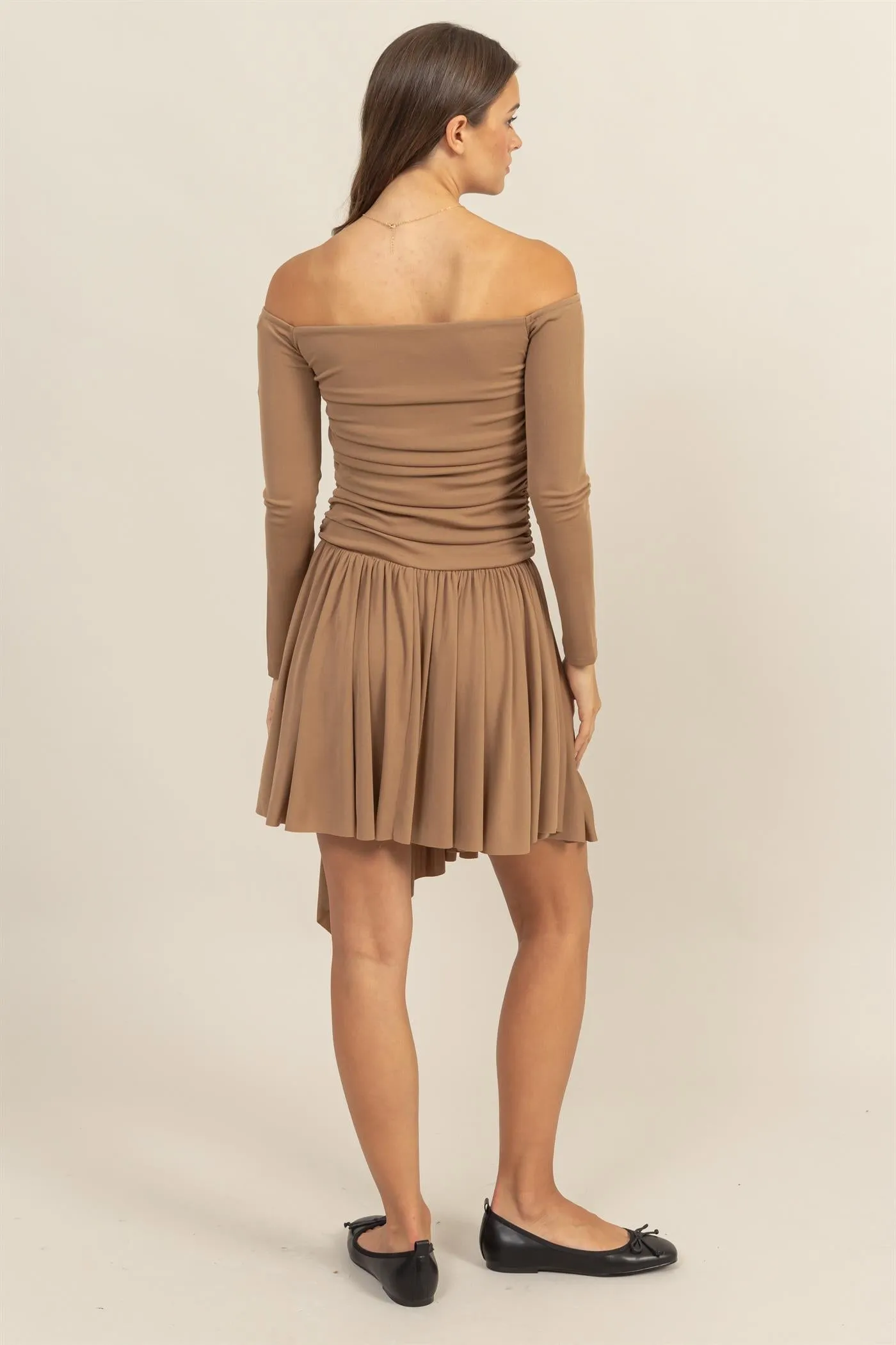 HF24G061-Jersey Off-shoulder Ruched Dress