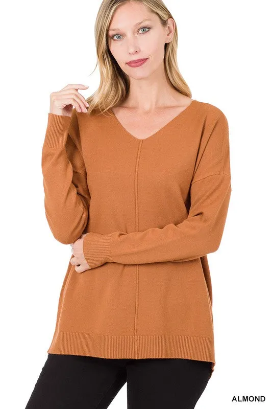 Hi-Low Garment Dyed V-Neck Front Seam Sweater - online exclusive