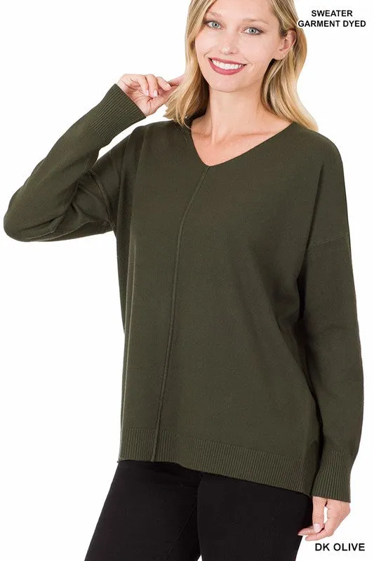 Hi-Low Garment Dyed V-Neck Front Seam Sweater - online exclusive