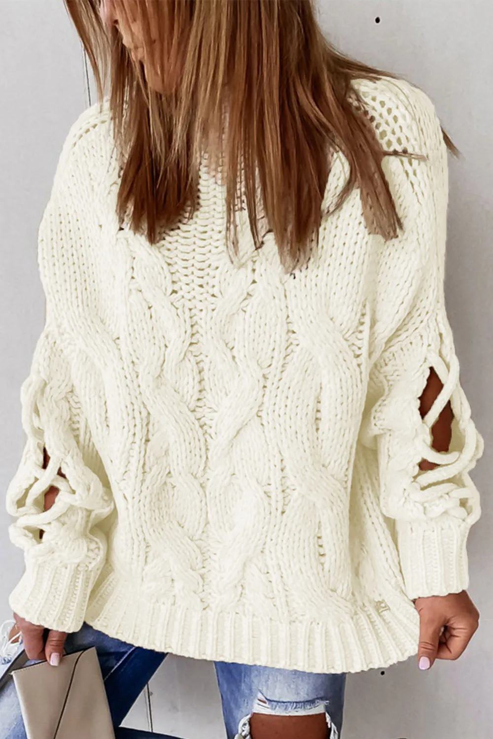 High Neck Cable Knit Hollow-out Sleeves Sweater