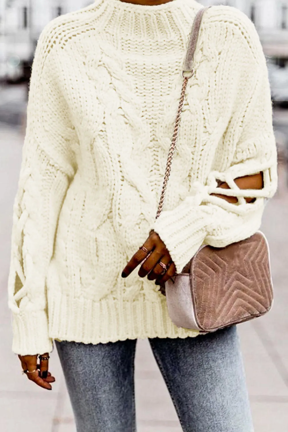 High Neck Cable Knit Hollow-out Sleeves Sweater