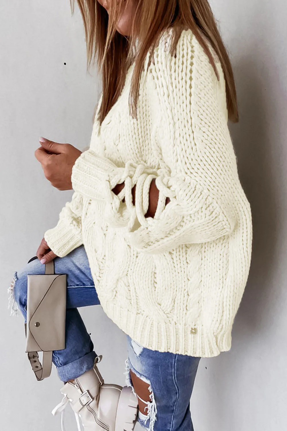 High Neck Cable Knit Hollow-out Sleeves Sweater