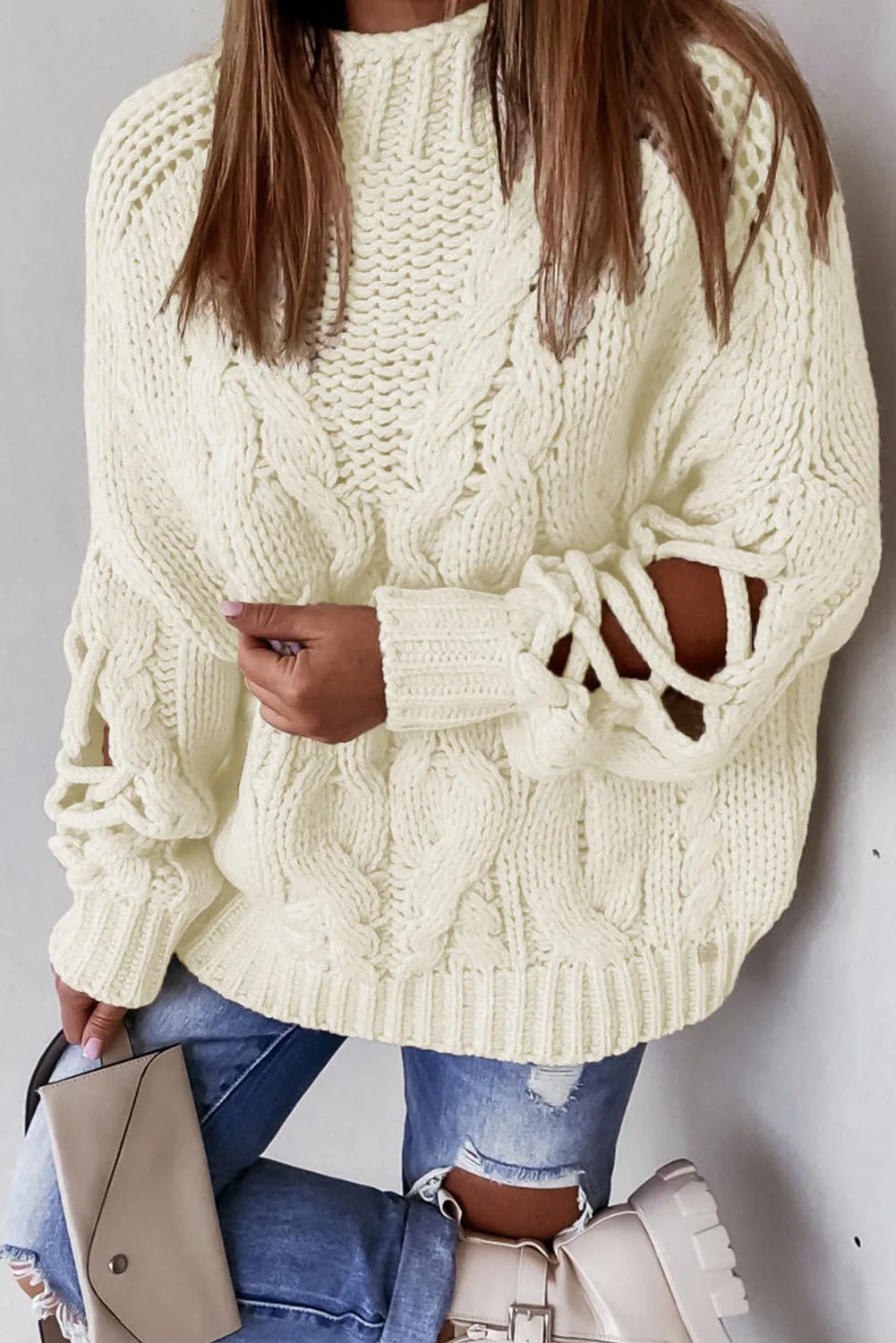 High Neck Cable Knit Hollow-out Sleeves Sweater