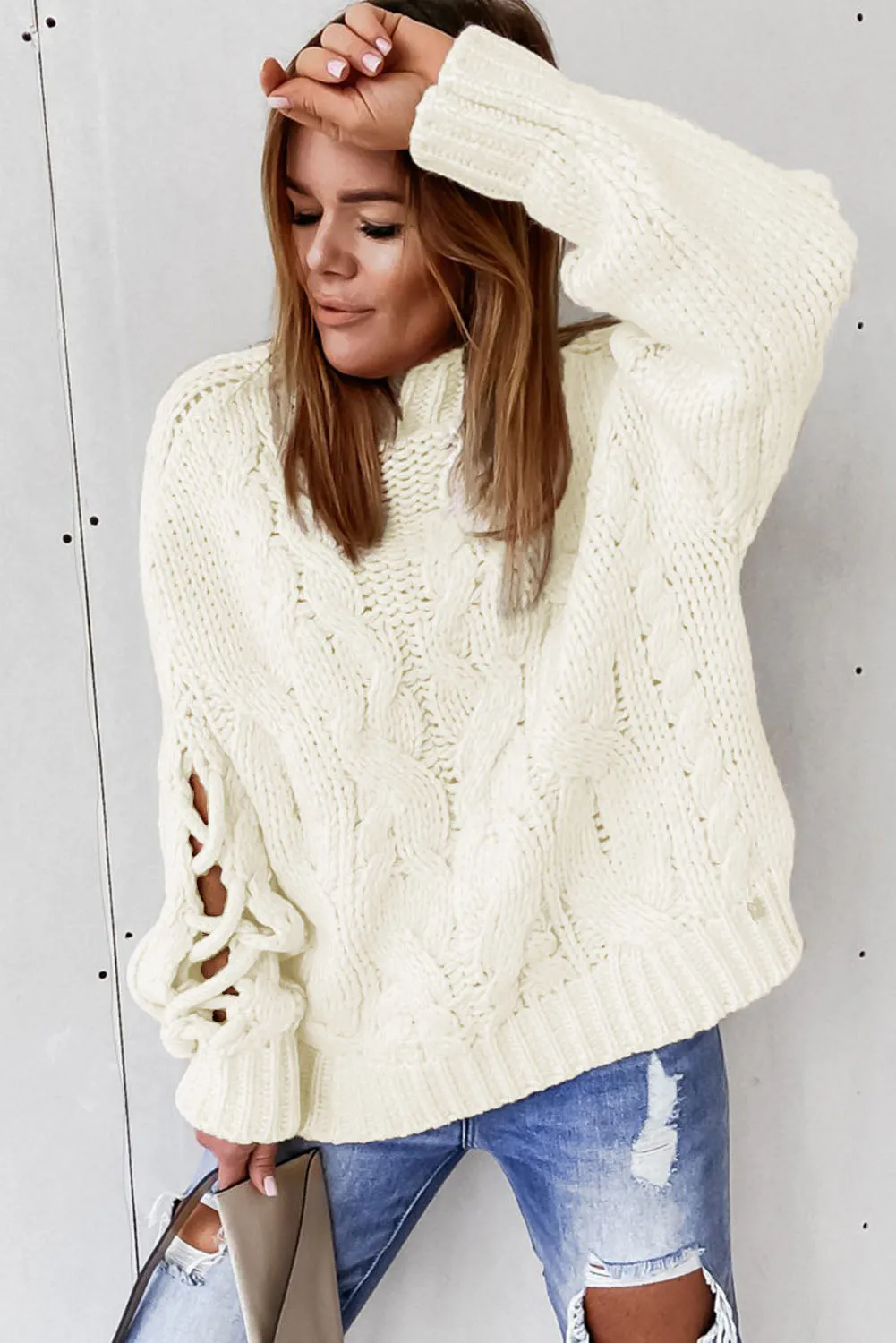 High Neck Cable Knit Hollow-out Sleeves Sweater