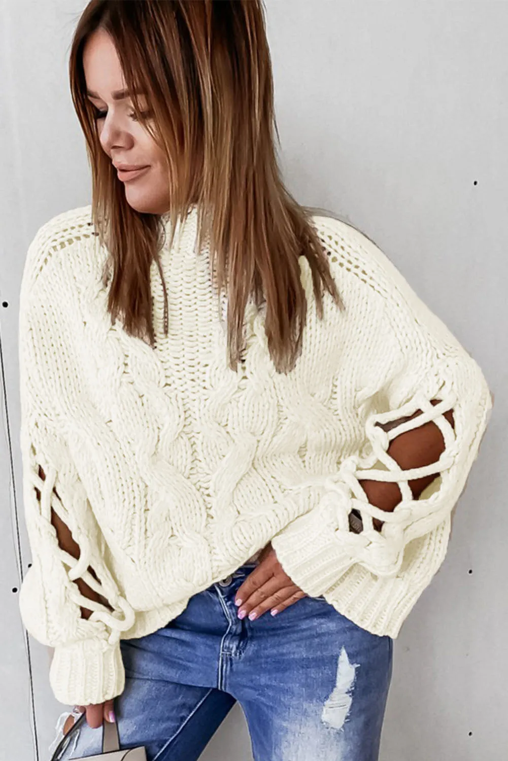 High Neck Cable Knit Hollow-out Sleeves Sweater