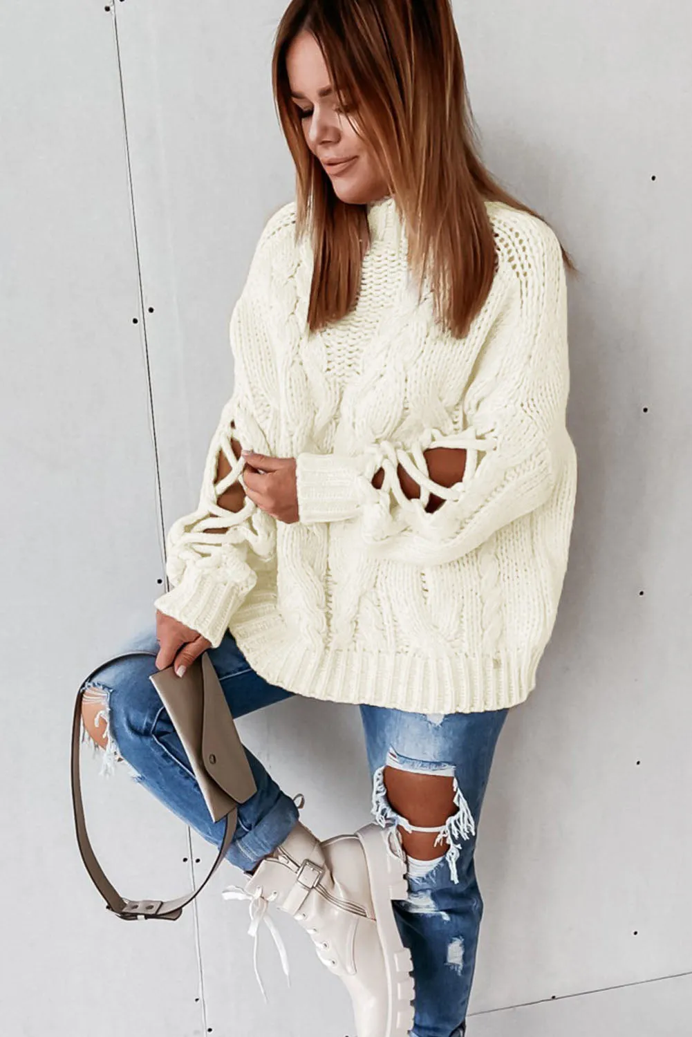 High Neck Cable Knit Hollow-out Sleeves Sweater