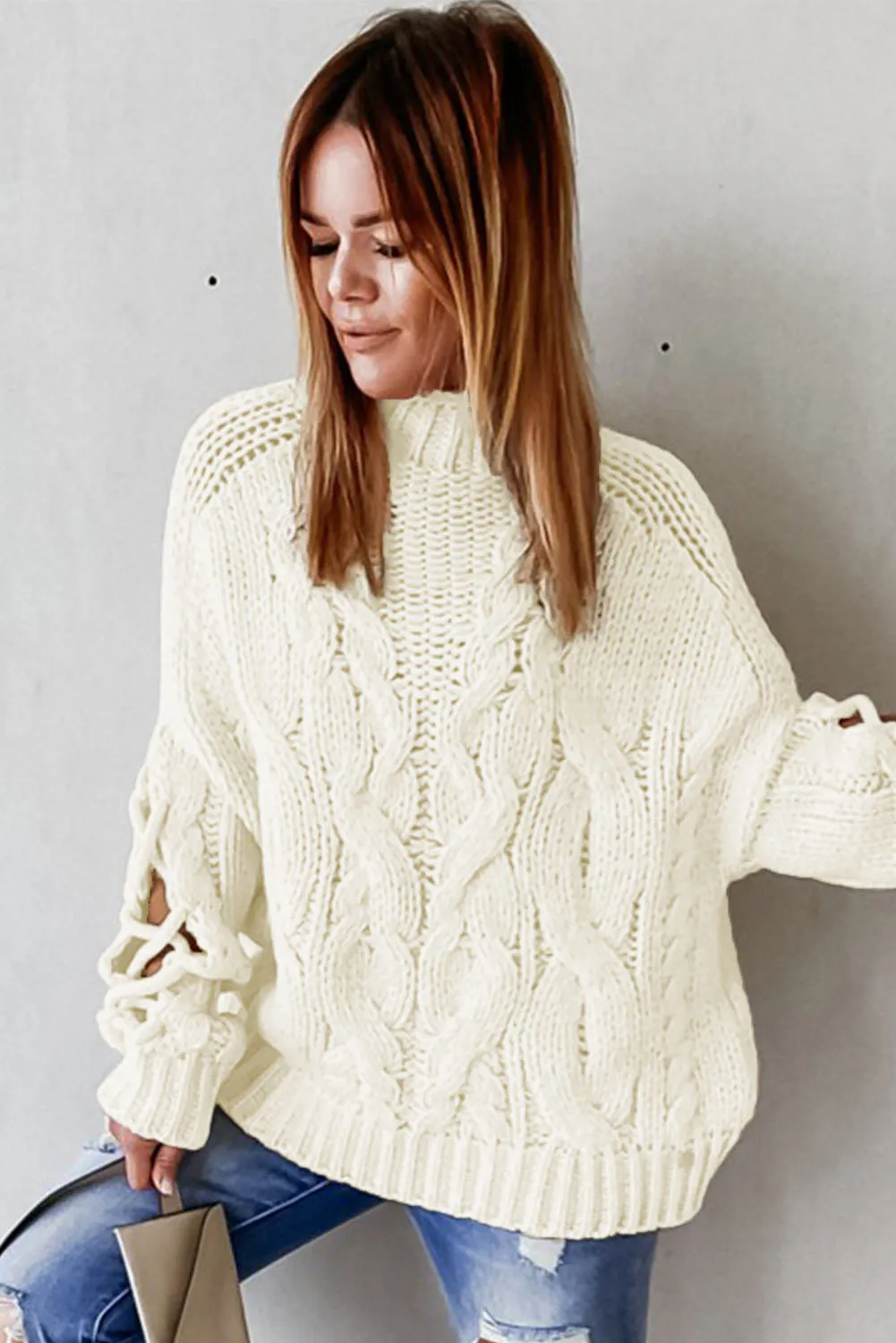 High Neck Cable Knit Hollow-out Sleeves Sweater