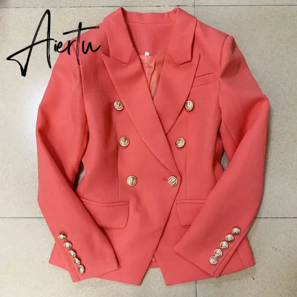 High Street Newest  Runway Designer Blazer Women's Classic Lion Buttons Double Breasted Slim Fitting Textured Blazer Jacket