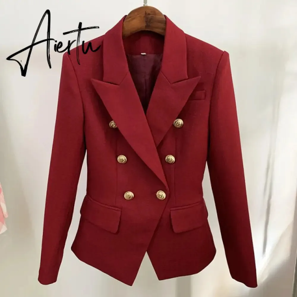 High Street Newest  Runway Designer Blazer Women's Classic Lion Buttons Double Breasted Slim Fitting Textured Blazer Jacket