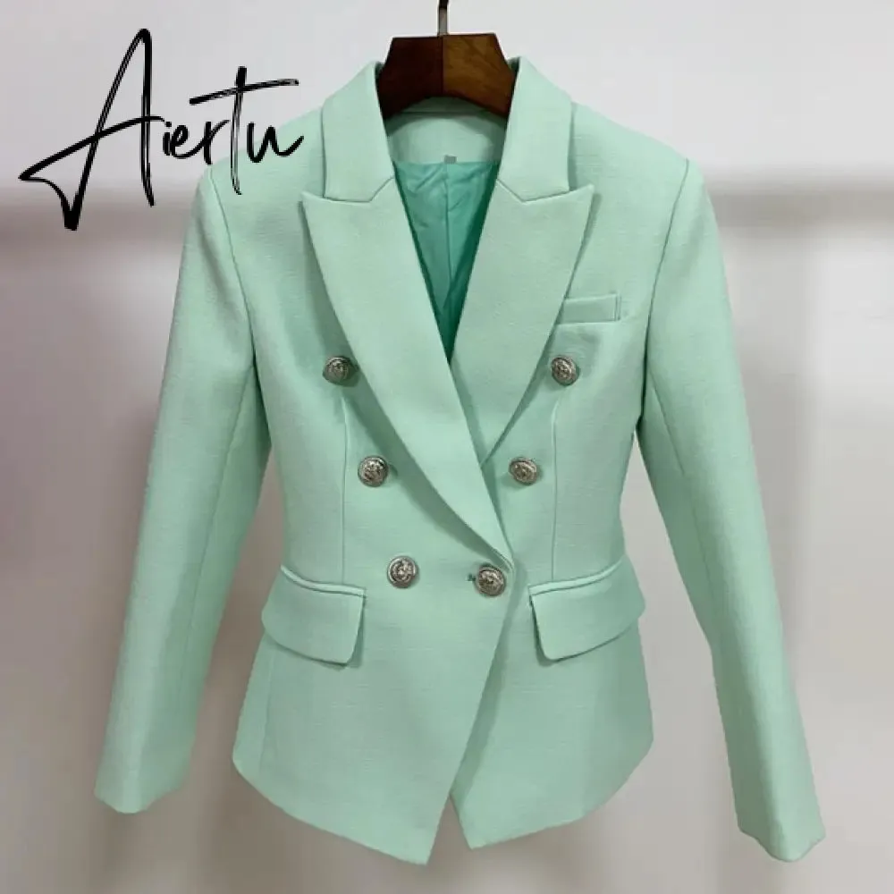 High Street Newest  Runway Designer Blazer Women's Classic Lion Buttons Double Breasted Slim Fitting Textured Blazer Jacket