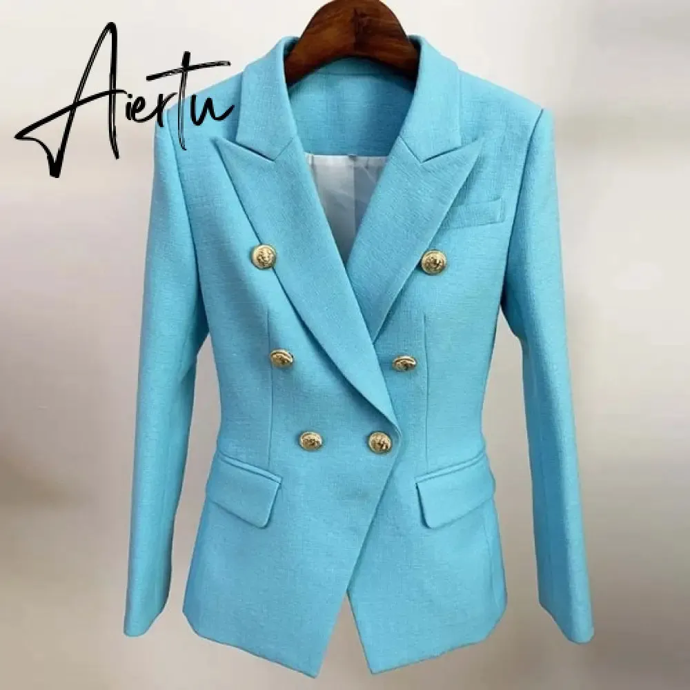 High Street Newest  Runway Designer Blazer Women's Classic Lion Buttons Double Breasted Slim Fitting Textured Blazer Jacket