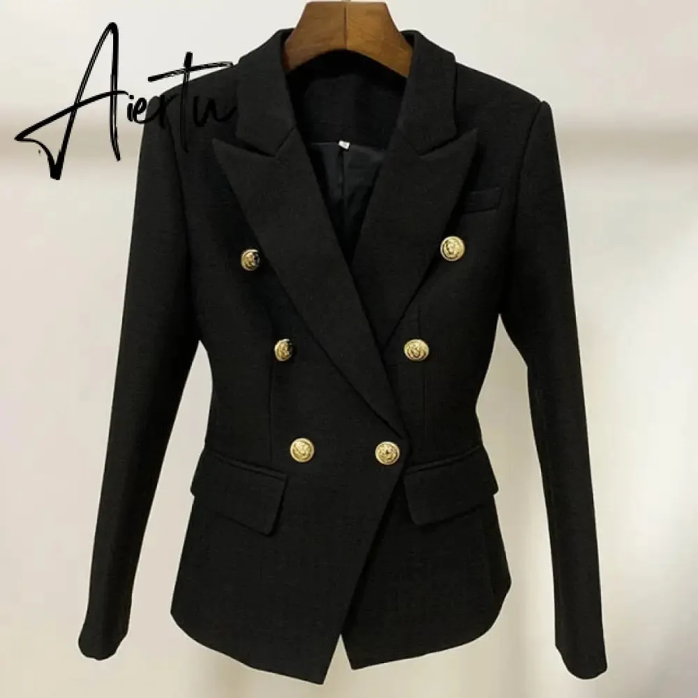 High Street Newest  Runway Designer Blazer Women's Classic Lion Buttons Double Breasted Slim Fitting Textured Blazer Jacket