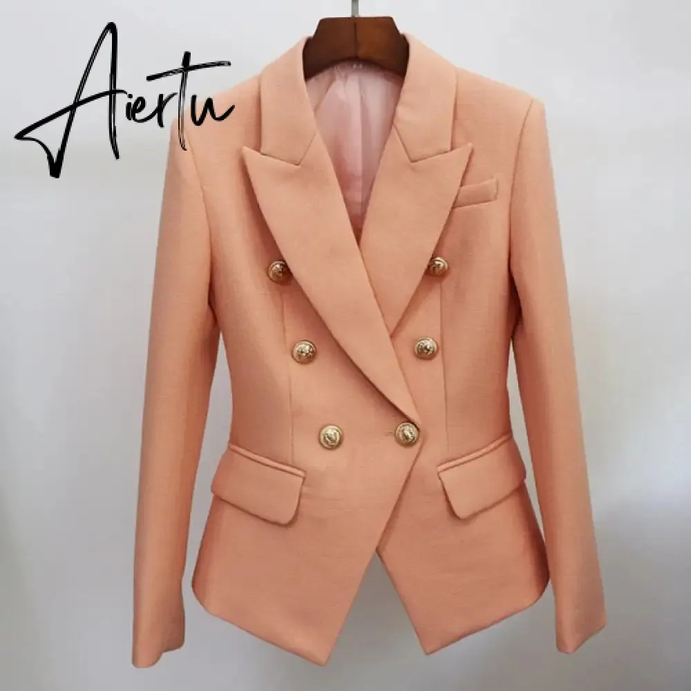 High Street Newest  Runway Designer Blazer Women's Classic Lion Buttons Double Breasted Slim Fitting Textured Blazer Jacket