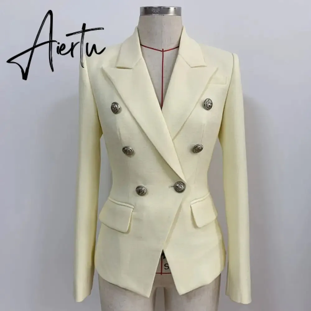 High Street Newest  Runway Designer Blazer Women's Classic Lion Buttons Double Breasted Slim Fitting Textured Blazer Jacket